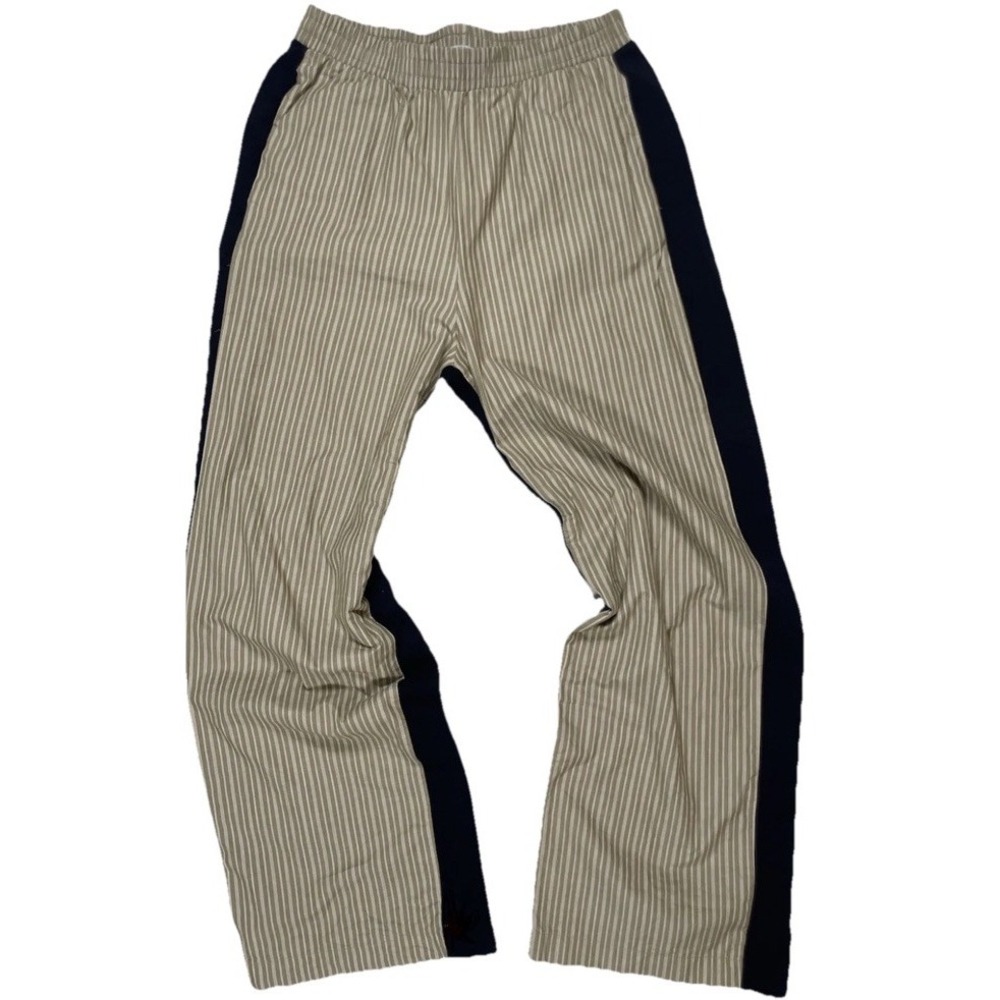 Zara Fleece Wide Leg Pin Striped  Navy Tan Trouser Pants Women's M Pull On Comfy